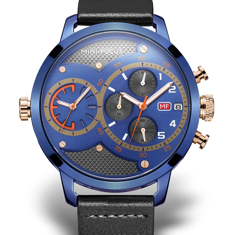

Dual time zone Chronograph Men Watch Blue Leather Business Quartz Watch Clock Men Army Military Wrist Watches Relogio Masculino