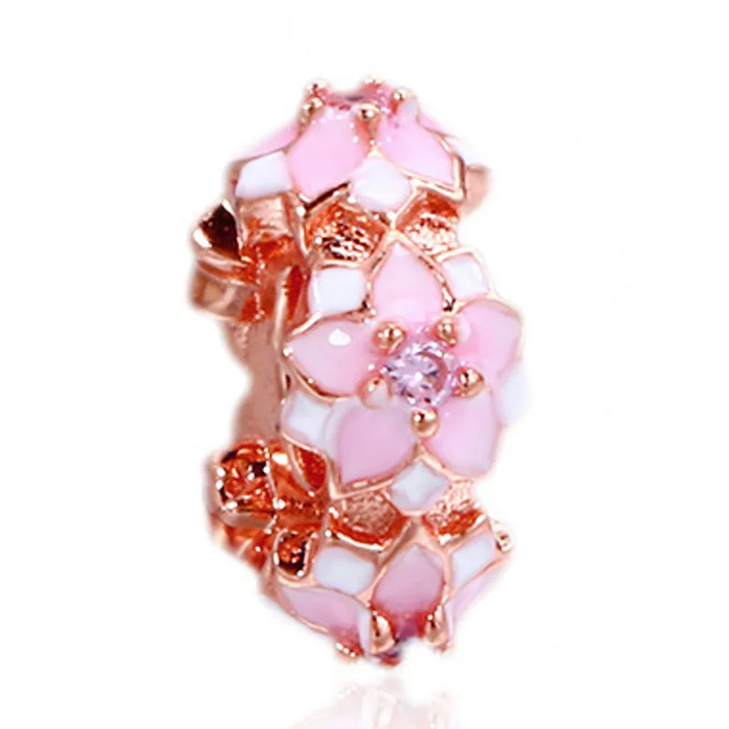 

New 925 Sterling Silver Bead Charm Rose Gold Enamel Magnolia Bloom & Pink Crystal Space Beads Fit Pandora Bracelet DIY Jewelry