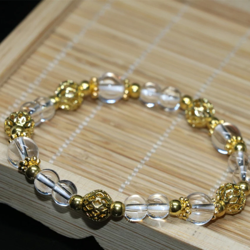 

Gold-color spacer accessories white electroplate crystal 6mm round beads strand bracelet jewelry making 7.5inch B2109