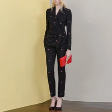 Fashion Formal Office Work Wear Pantsuits Leaf Embroidery Black Blazer Long Pant 2 Piece Set Business Suits for Women Autumn