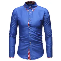 Бренд 2018 г. модные мужские рубашки с длинными рукавами Топы решетки сплайсинга мужская одежда Рубашки Slim Для мужчин рубашка M-XXL