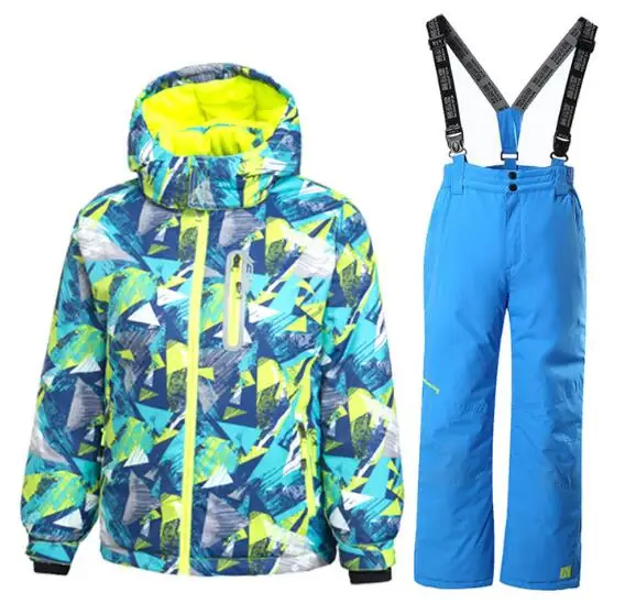 Детская зимняя куртка и штаны для сноуборда для мальчиков зимний костюм для мальчиков лыжная куртка и штаны для детей, лыжный костюм Schneeanzug kids - Цвет: green blue