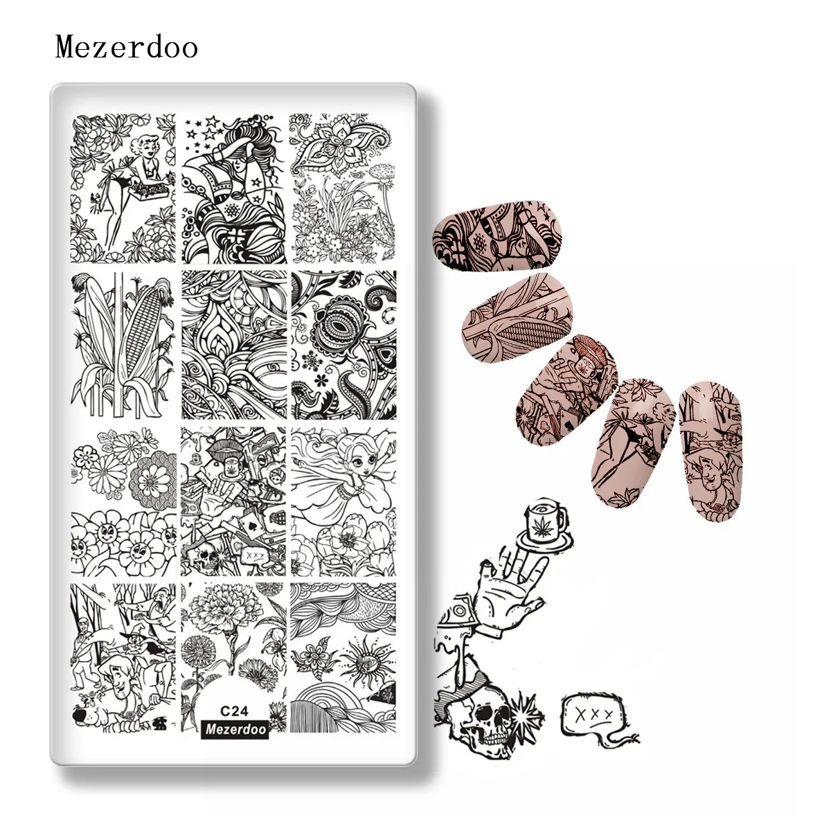 

Rectangle Nail Template Autumn Havest Theme Flower Nails Stamping Image Plate Corn Elf Beauty Designs Skull DIY Nail Stencil C24