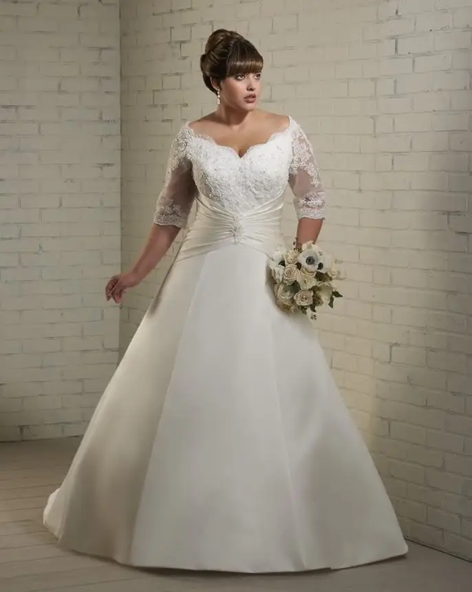 Free Shipping 2016 Long Lace Sleeves Plus Size Bridal Wedding Dress Aeproduct