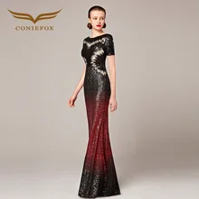 2016 Coniefox New Styles Short Sleeve Sequins Sexy Black and Red Mermaid Host Prom Evening Long