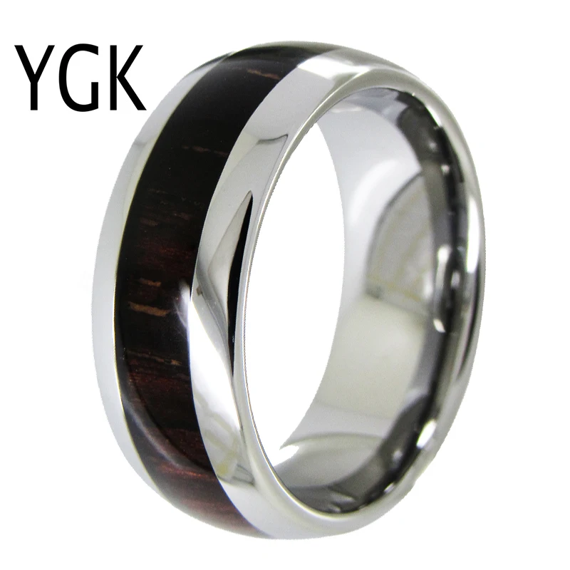YGK Wedding Jewelry Silver Dome With Red Wood Inlay New Tungsten Rings for Men's Bridegroom Wedding Engagement Anniversary Ring