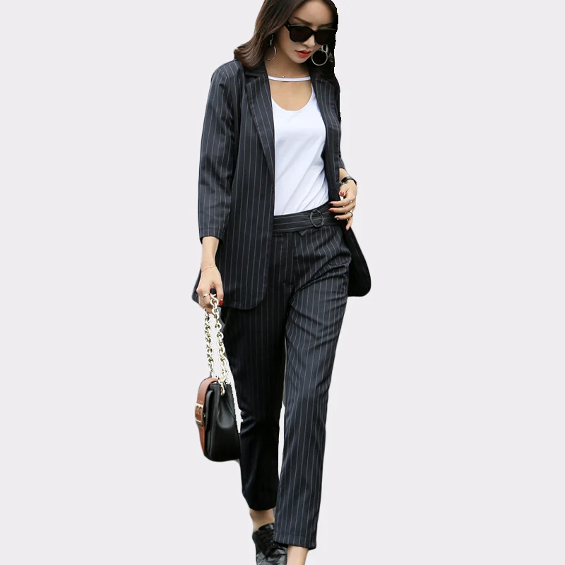 Women 2 Piece Sets Striped Slit Back Jacket Blazer & High Waist Ankle