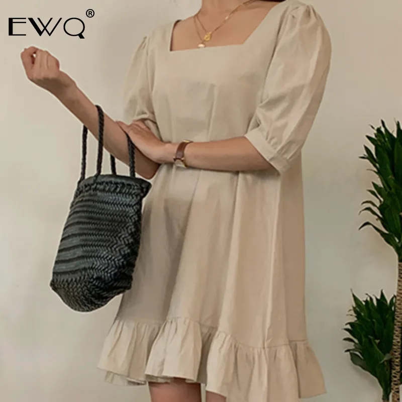 EWQ/Puff/лето весна 2019 корейское модное платье в горошек с оборками длиной до колена