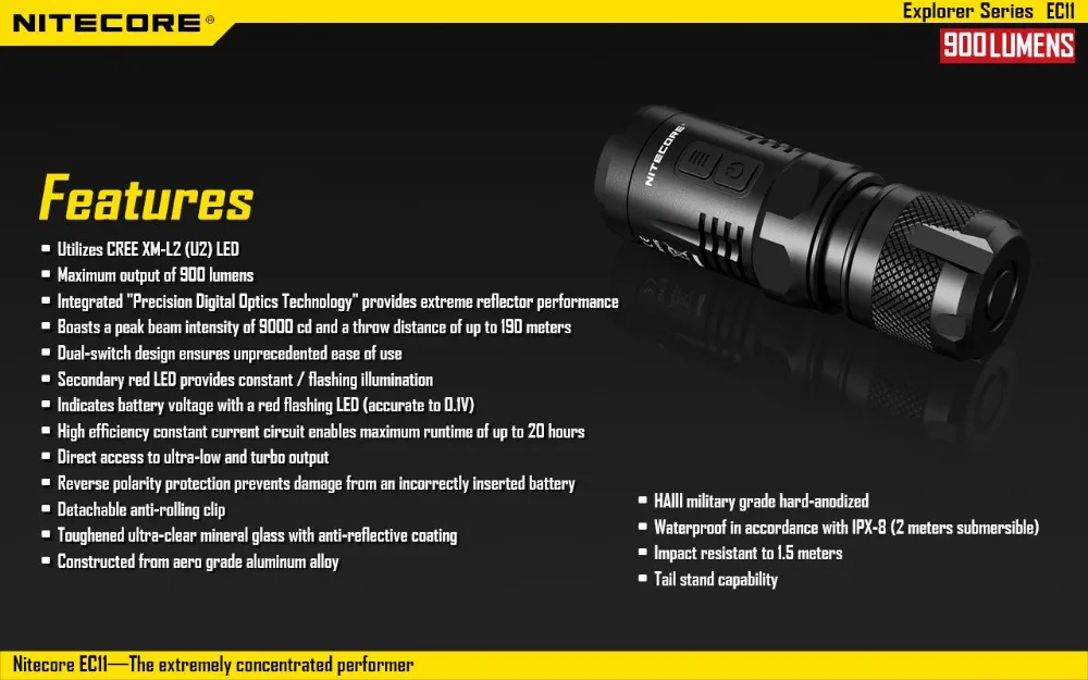 NITECORE EC11 фонарик комплект CREE XM-L2(U2) светодиодный макс 900 люмен луч расстоянии 190 м ручной фонарь с NL166 RCR123A батареи