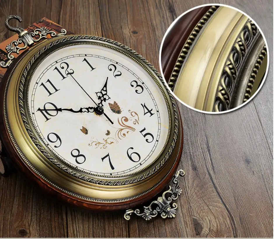 Новые роскошные часы в американском стиле, однотонные деревянные металлические двухсторонние большие настенные часы, модные креативные часы в европейском стиле, беззвучные часы для дома