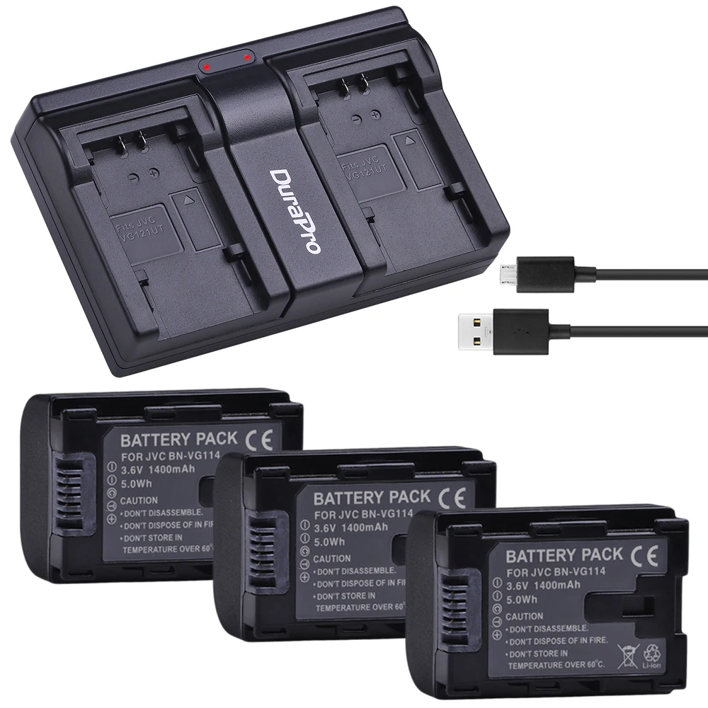 

Durapro 3 x 1400MaH BN VG114 VG121 camera Battery + USB dual Charger for JVC Everio GZ-E Series BN-VG12 BN-VG138 BN-VG107 Camera