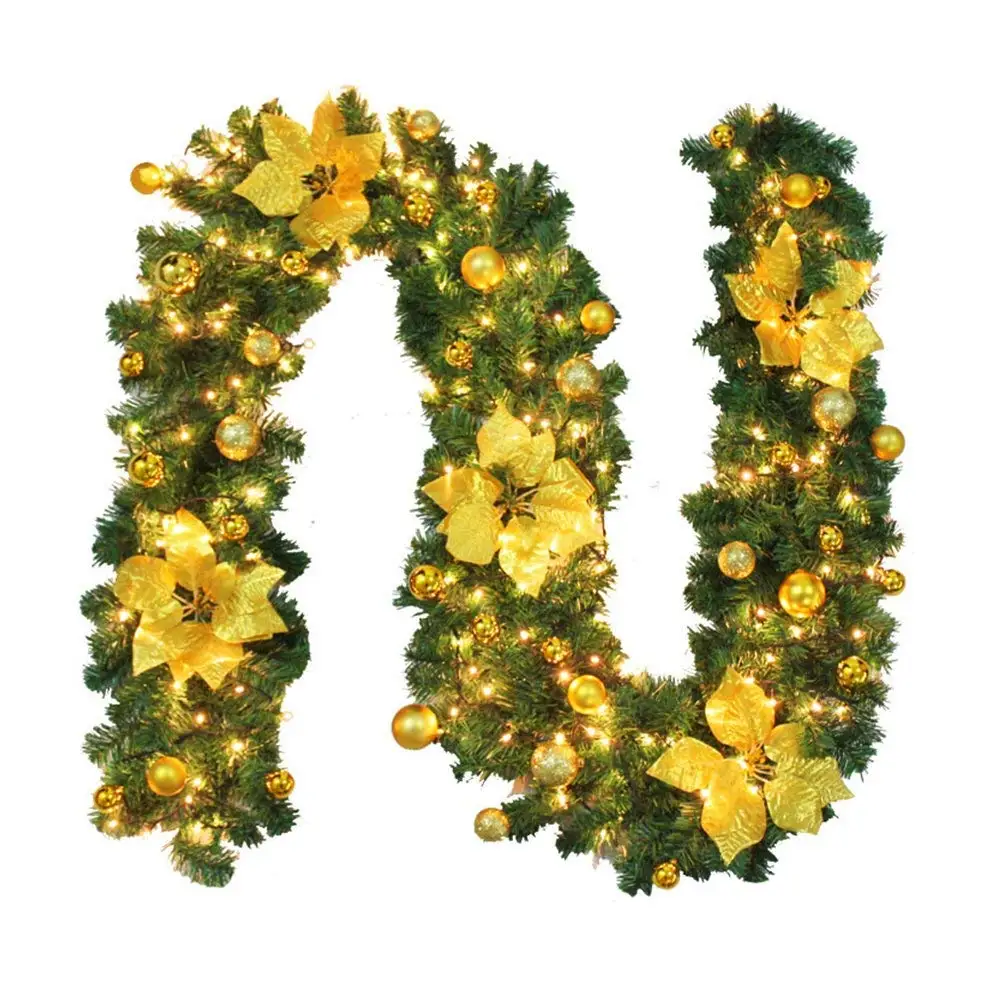 

2.7M Decorated Garland Illuminated with Lights Christmas Decoration Xmas Garland for Fireplace Stairs Baubles Flowers Xmas Tre