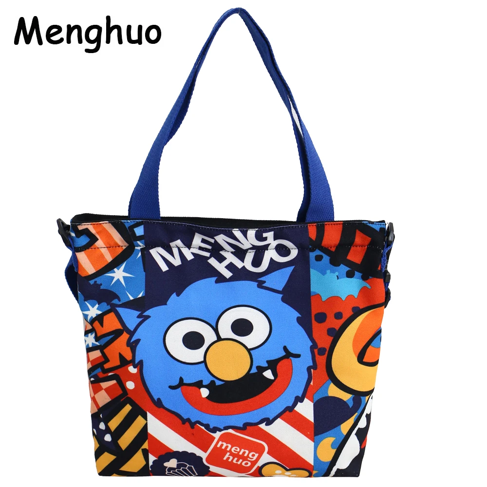 

Menghuo Fashion Women Canvas Shopping Bags Cartoon Full Printed Casual Shoulder Folding Tote Bags Eco Reusable Grocery Handbag