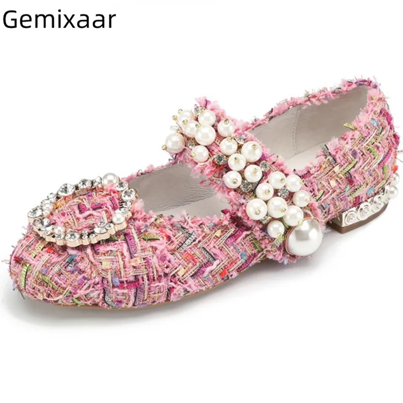 

Comfy Flats Shoes Woman Sweet Pink Round Toe Decor Crystal Ankle Buckle Studded Pearls Footwear 2019 Chic Pink Pearl Flats Women