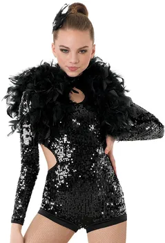

Foreign Trade children's Adult Jazz Ballet Costumes Sequins long-sleeved Feather Jumpsuits Back Waist Stage Costumes