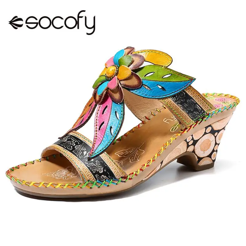 

SOCOFY Retro Handmade Loop Sandals Genuine Leather Splicing Hollow Floral Soft Casual Hook Loop Sandals Elegant Women Shoes