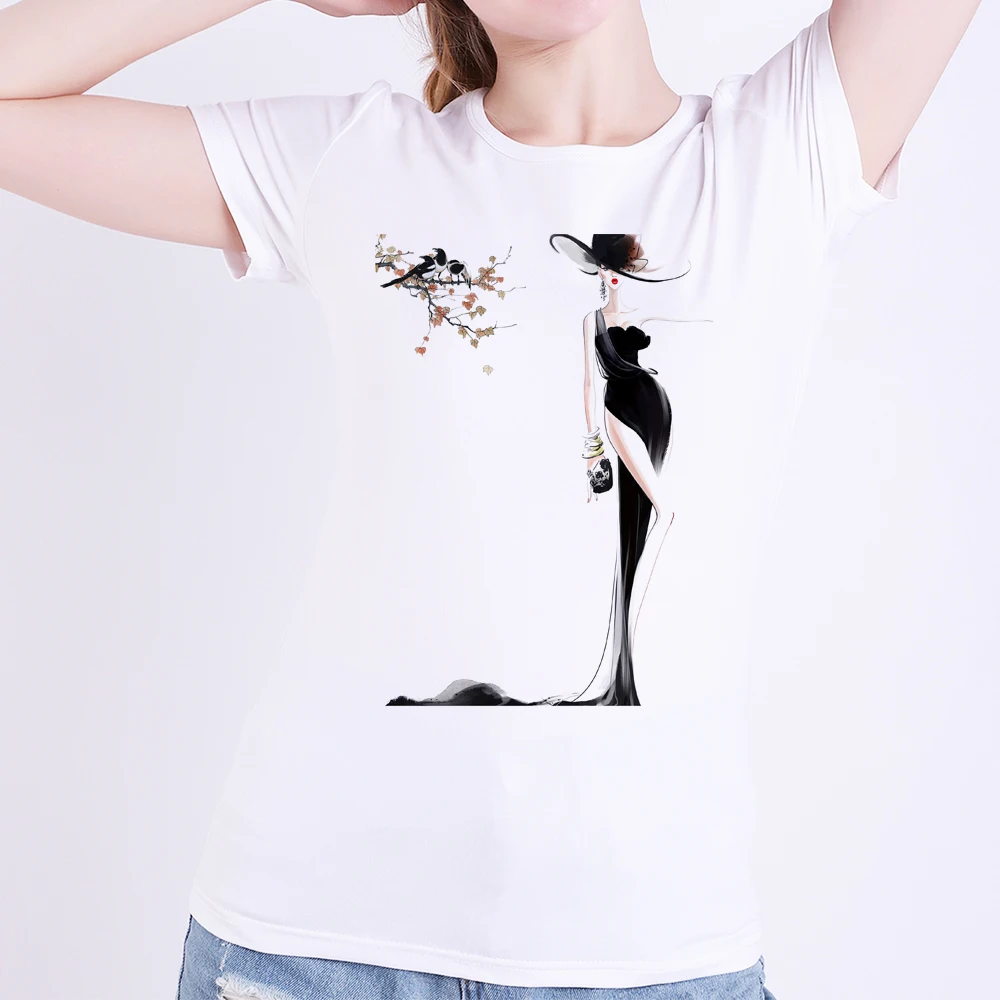 

Chinese Ink Style Vogue Lady Print T Shirt Modal Women Summer White T-shirt Fashion Clothes Streetwear Fashion Top