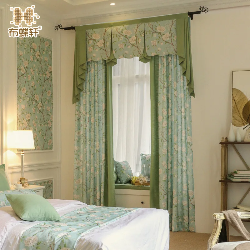 

American Pastoral Style Green Coffee Floral Drapes Custom Made Size Window Valance Curtains for Living Room Study Room