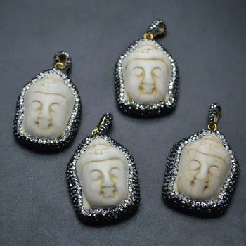 

20x30mm White Howlite Carved Guanyin Buddha Head Unisex Pendant Paved Crystal Beads Necklace making 5PC/Lot