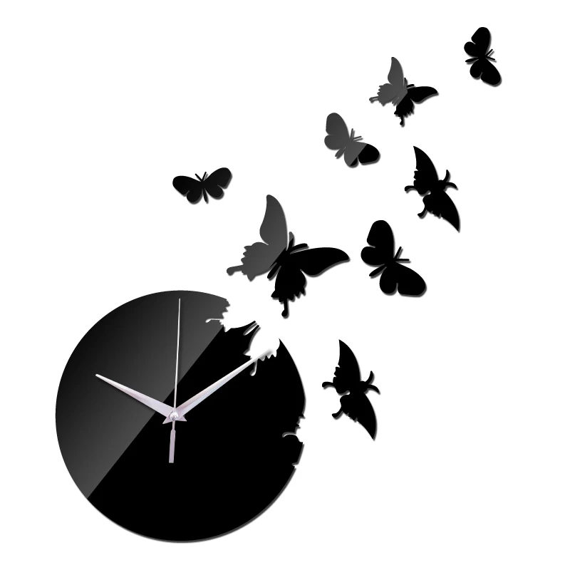 Дизайн, Короткие стильные настенные кварцевые часы, сделай сам, зеркальный акриловый материал, наклейка на стену, украшение в виде бабочки, настенные часы для гостиной - Цвет: black