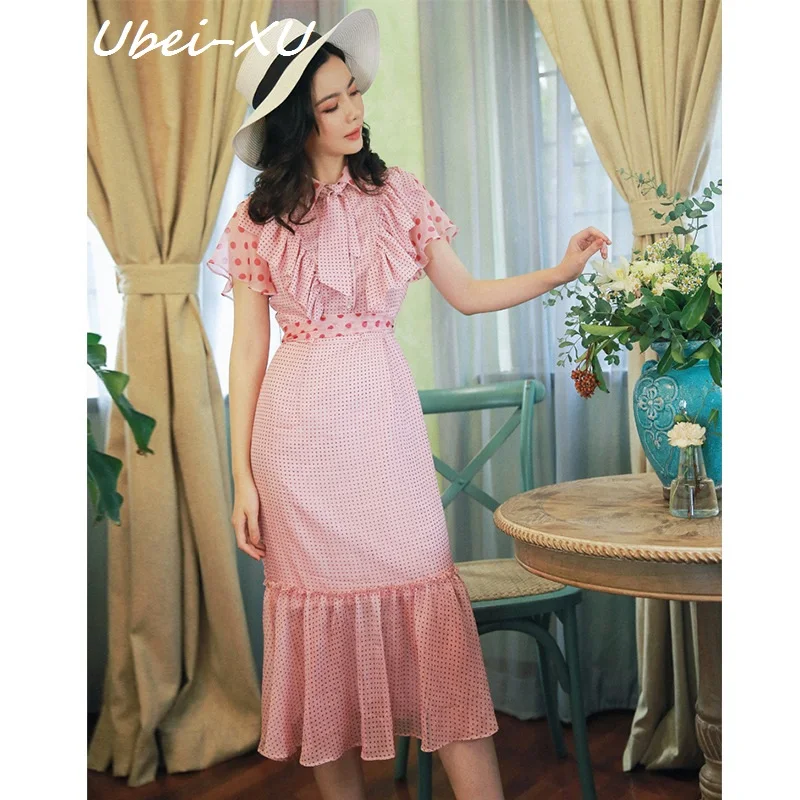 

Ubei Women Collect waist fairy dress sweet girl wave dot print dress summer chiffon Pink straight long dress
