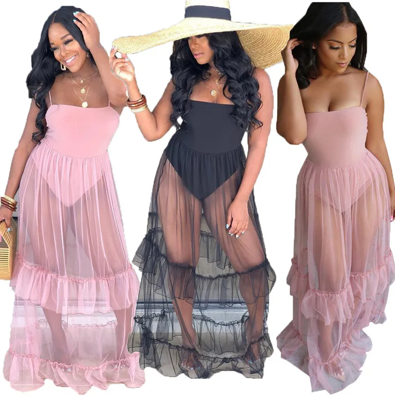 

Summer Women's Fashion Dresses Bohemian Style Beach Sling Stitching Elastic Waist Mesh Ruffled Pink Black Dress Floor Length