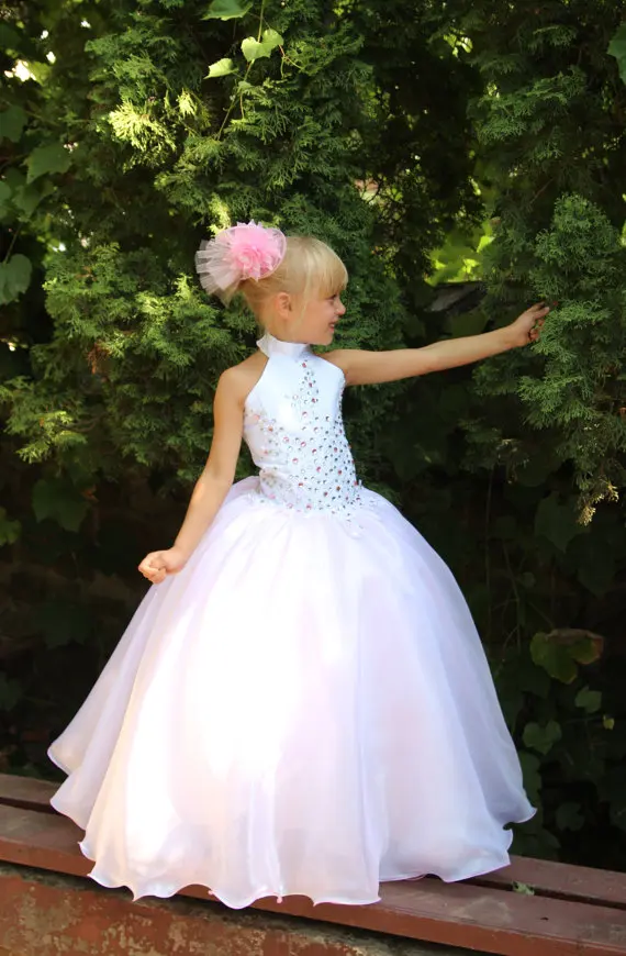 Elegant White Scoop Flower Girl's Dress Sparkling Beads ...