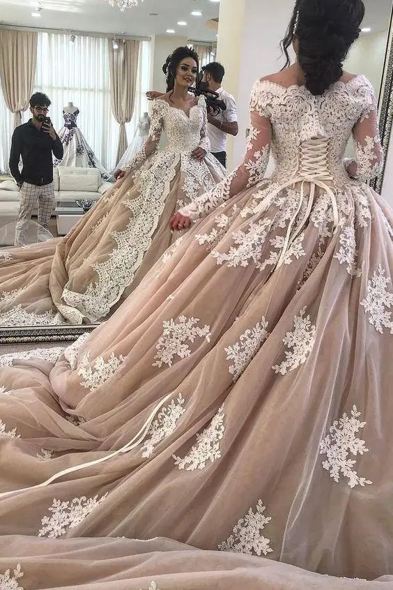 Vestido De Noiva цвета шампанского мусульманское свадебное платье бальное платье с v-образным вырезом и длинным рукавом Белое Кружевное Тюлевое Дубай арабские свадебные платья