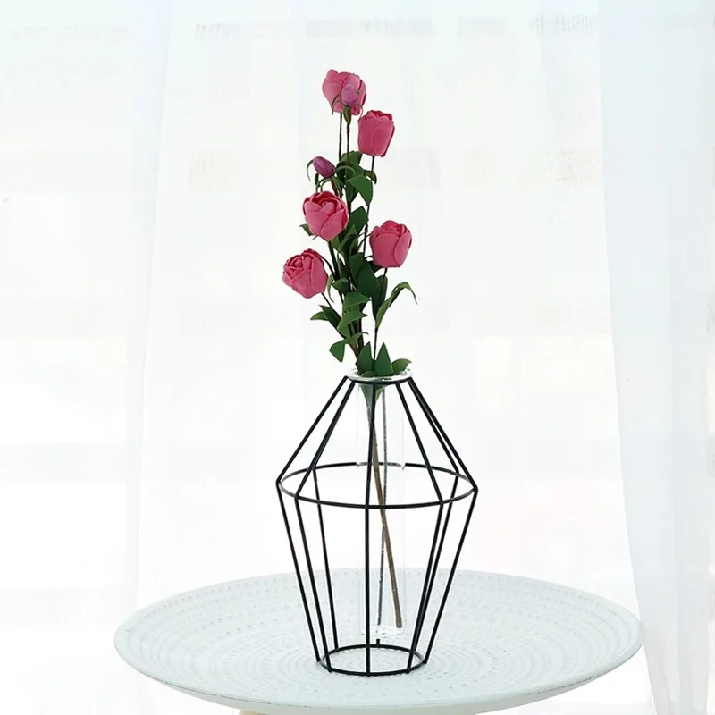 Nordic Style 3D Glass Iron Art Geometric Vase with Cuvette Tabletop Plant B R8W5 