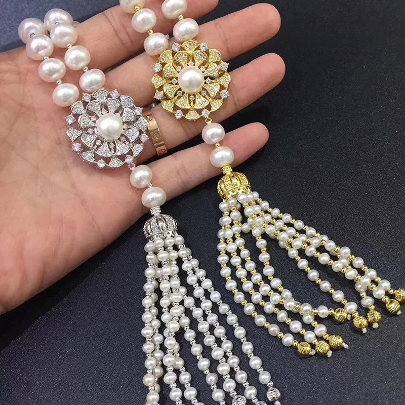 Sinya Tassels fashion Sweater chain Natural pearls Strand long necklace for Women Mum lover gold or white gold color optional  (7)