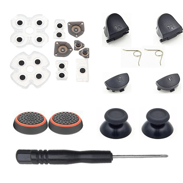 

L1 L2 R1 R2 Trigger Button + 2 x Springs +Joystick Silicone Caps +Mushroom cap +	Conductive Rubber Pad for PS4 Controller