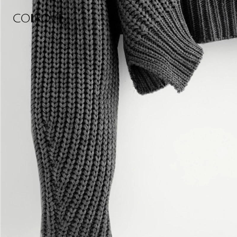 COLROVIE, однотонный, корейский, элегантный, укороченный, серый свитер, женские топы,, Модный пуловер с длинным рукавом, зимний джемпер, женские свитера