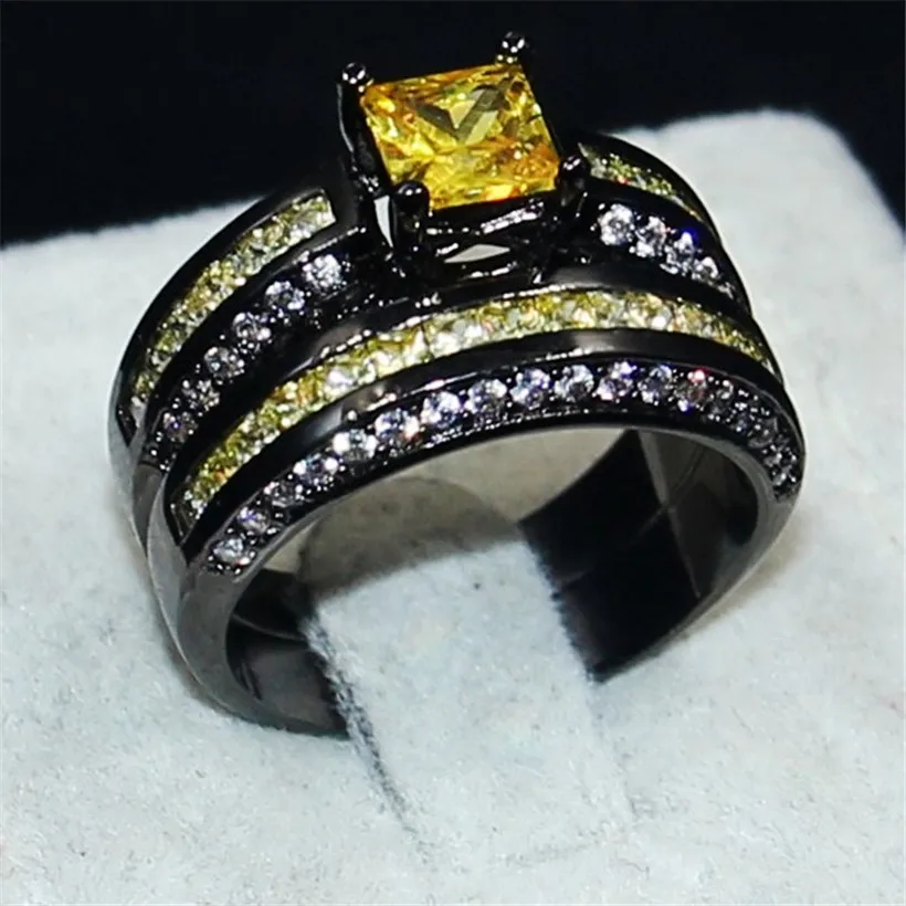 choucong Wedding jewelry Anniversary Rings finger Set for Women 2-in-1 Yellow Princess-cut 5a Zircon 10KT Black gold filled ring | Украшения