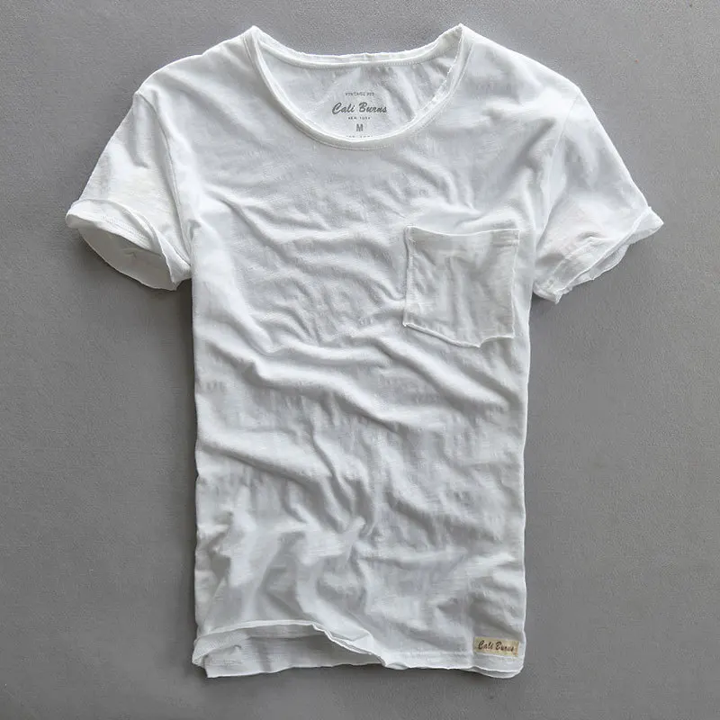 

2017 men's summer o-neck shirt sleeve Slub cotton t-shirt with front pocket white,blue,green ,red tees male casual t-shirt men