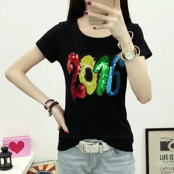 

2017 New Spring Summer Women T-shirt Tops O-neck Short Sleeve Sequin Digital Cotton T Shirt Loose Female Basic T-shirts Tees