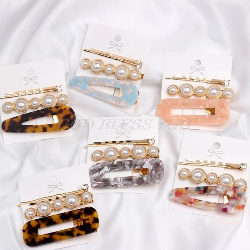 

4Pcs/Set Women Girl Hollow Out Geometric BB Duckbill Hair Clip Leopard Acetate Imitation Pearl Wavy Hairpins Side Bangs Barrette