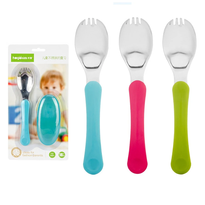 

2019 New 2 in 1 Baby Utensils Stainless Steel Spoons Forks with Travel Case Tableware Child Kids Self Feeding Training
