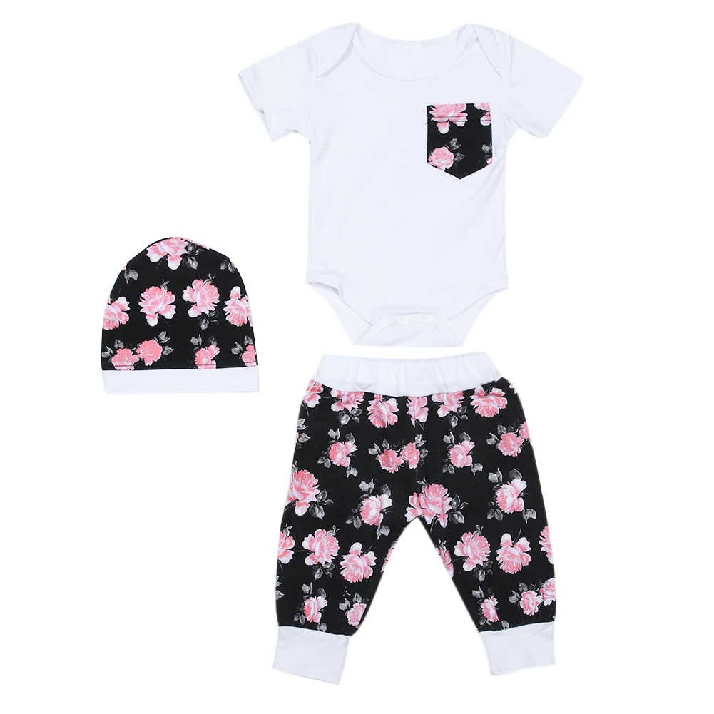 3pcs Baby Girls Summer Clothing Set Infant Short sleeved Bodysuit Floral Long Pants Hat Suit