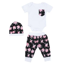 3pcs Baby Girls Summer Clothing Set Infant Short sleeved Bodysuit Floral Long Pants Hat Suit