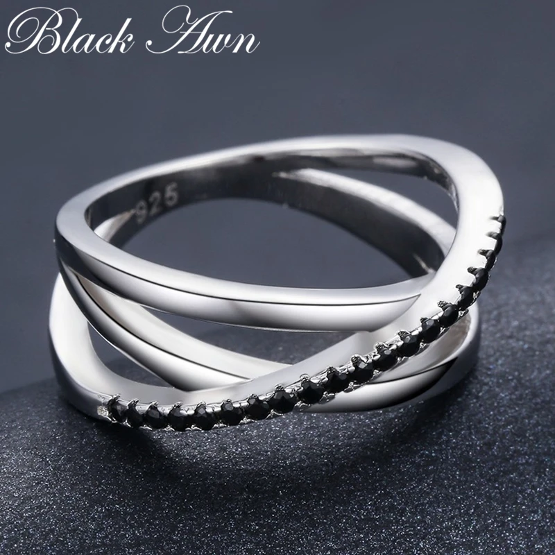 Silver Ring Wedding Rings Black Spinel For Women Baguet Row Engagement