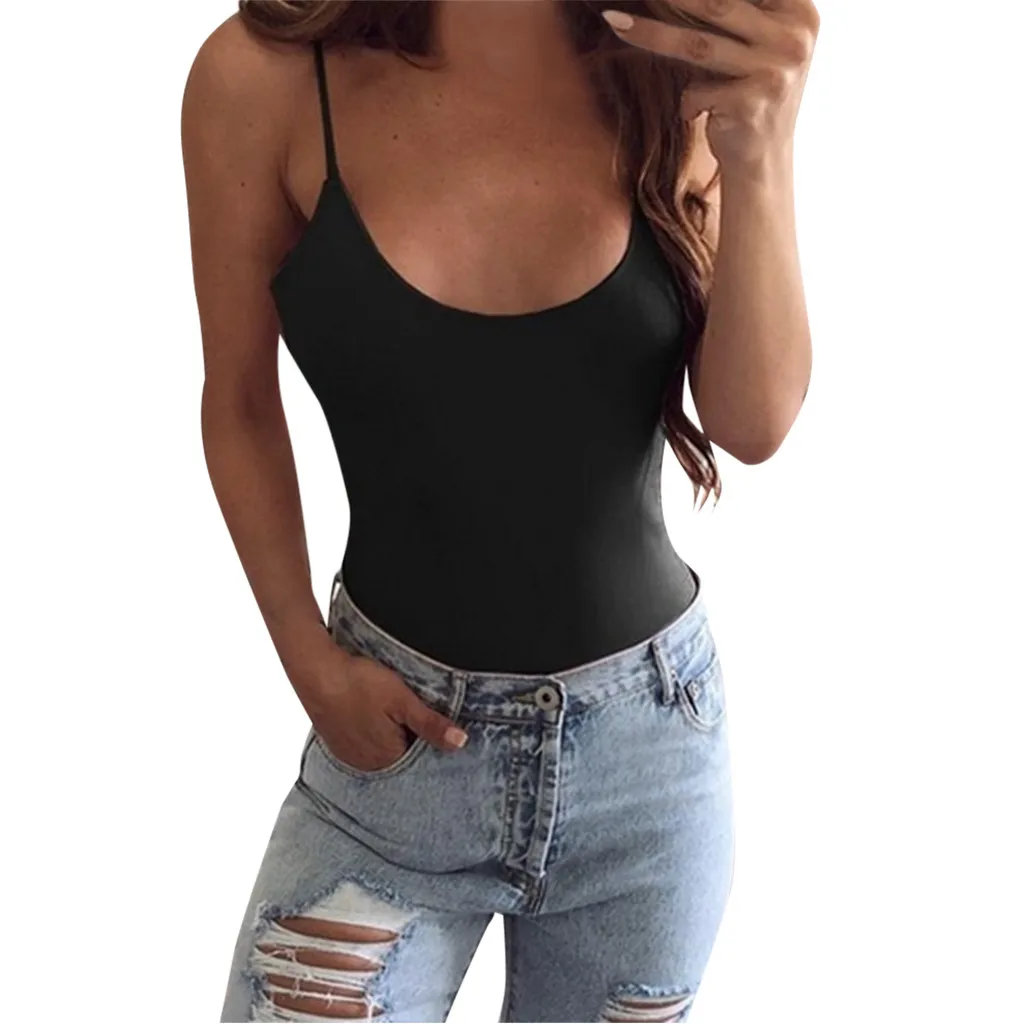

Summer Women's Fashion Slim solid Rompers Sexy U Neck Playsuit Skinny Casual Spaghetti Strap Bodysuits