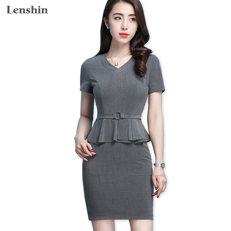 

Lenshin Fashion Summer Ruffles Dress Women's Elegant Short Sleeve V-neck Gray Office Lady Work Wear Without Lining