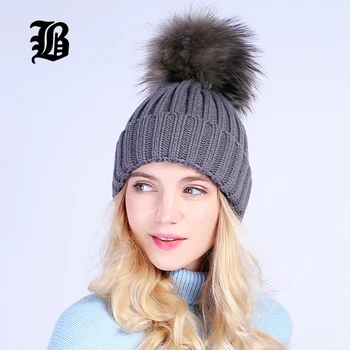 

[FLB] Gray Mink Fur Ball Cap Pom Poms Winter Hat For Women Girl 'S Wool Hat Knitted Cotton Beanies Caps Brand Thick Female Cap