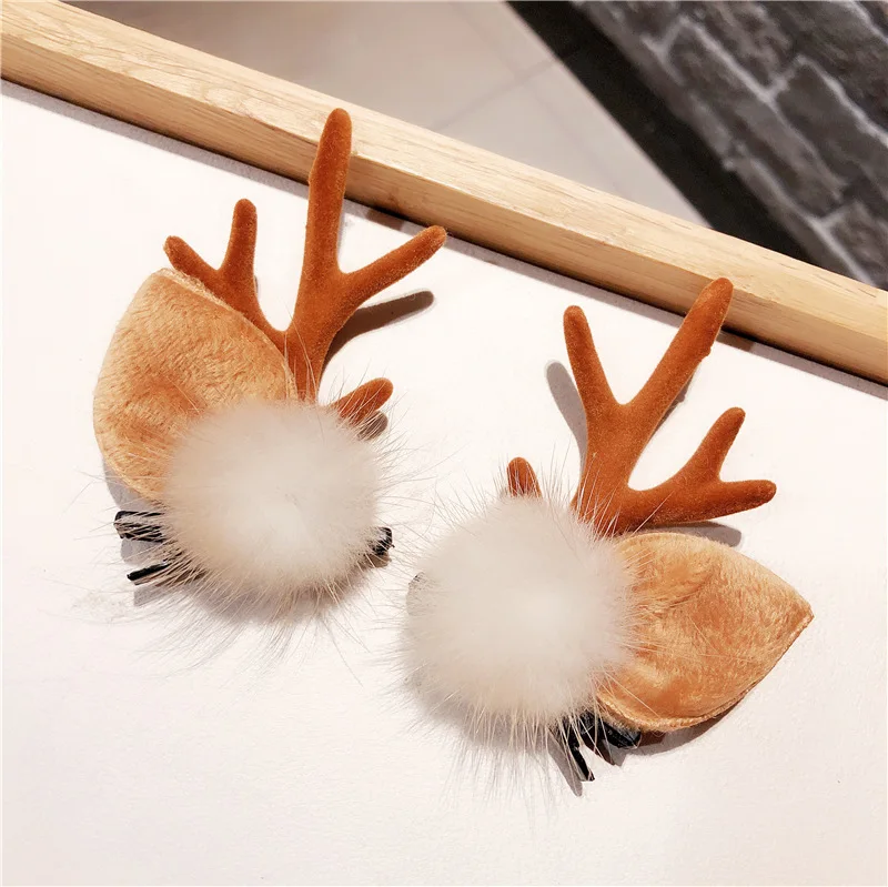 1 Pair Korea Fashion Christmas XMAS Cute Hair Clips Deer Antlers Mushroom Faux Fur Ball Girls Women Hairpins Hair Accessories