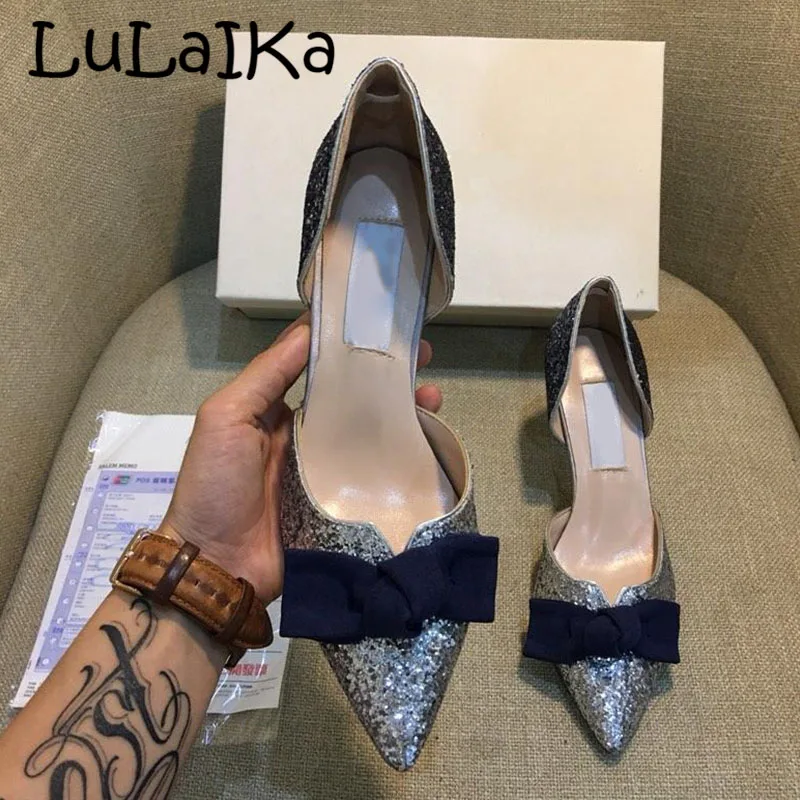 

Pointed Toes Dress Shoes Women Slip-On Pumps Shallow High Heel Sequin Sweet Bow Tie Stiletto Wedding Party Lady High Heels 7 cm