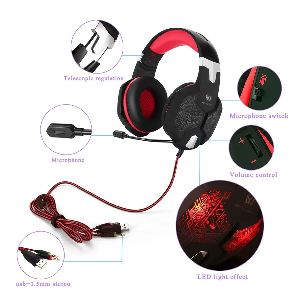 Игровые наушники KOTION EACH G1000 PC Gamer Headset Over Ear Noise Lsolating Breathing LED Lights с микрофоном