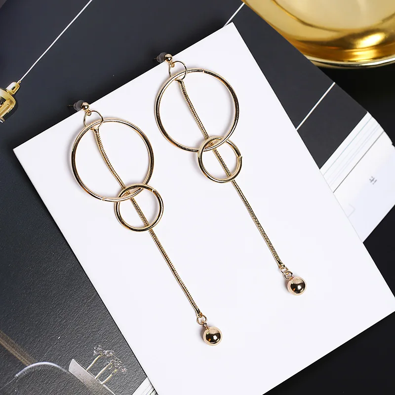 

Korean Style Long Stud Earrings For Women Two Aros Round Pendientes Statement Earring Fashion Brincos Jewelry 2017 New XE185