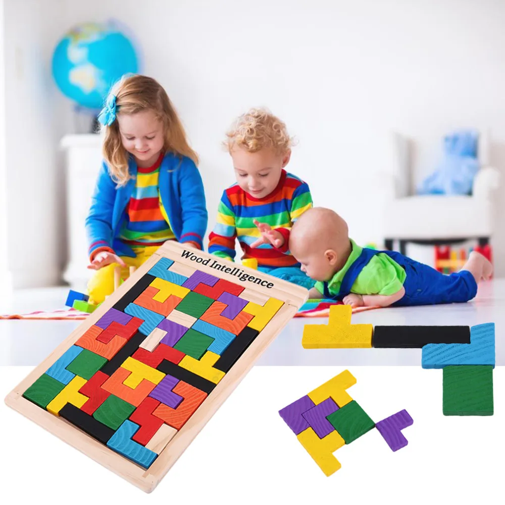 Colorful Wooden Tetris Puzzle Tangram Brain Teaser Puzzle Toys ...