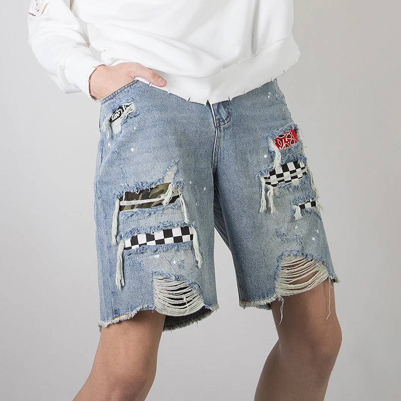 HEYGUYS damaged high quality Bandanna print hip hop street casual cool black hole cool wear new hot destroyed Denim shorts men HEYGUYS damaged high quality Bandanna print hip hop street casual cool black hole cool wear new hot destroyed Denim shorts men