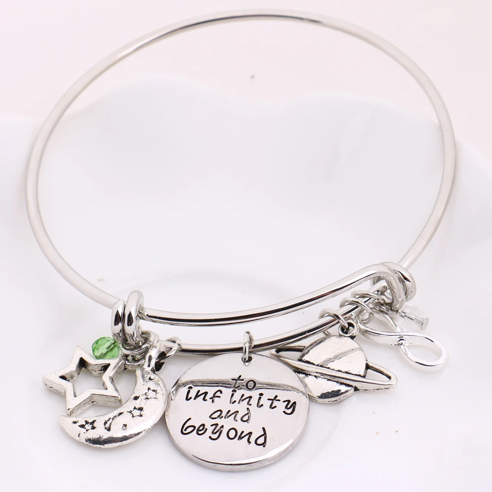 

Toy Story Silver DIY Adjustable Bangle"To Infinity and Beyond"Pendant with Saturn UFO,Buzz Lightyear Charms Bracelet for Women